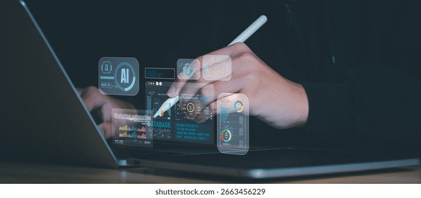 Concept professional using stylus to interact with AI-powered marketing automation dashboard, analyzing real-time data, KPIs, and ROI metrics to optimize business strategies in modern workspace.