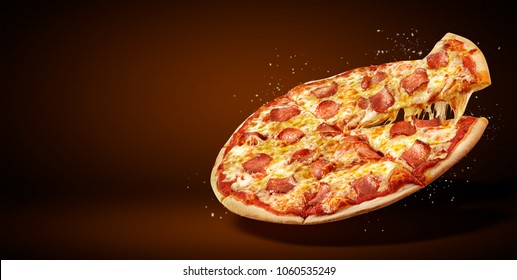 Concepto de volante promocional y afiche para restaurantes o pizzerías, plantilla con deliciosos sabores pizza de pepperoni, mozzarella queso y espacio de copia para su texto