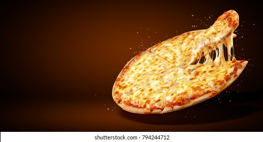 Концепция рекламная листовка и плакат для ресторанов или пиццерий, шаблон с вкусным вкусом Маргарита пицца, сыр моцарелла, помидоры черри и копируйте пространство для вашего текста.