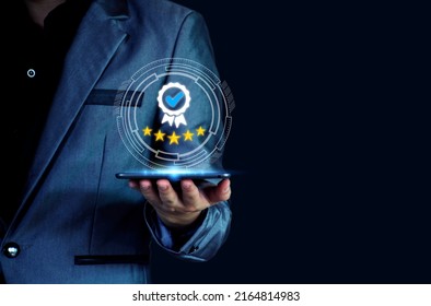 The concept of providing a five-star premium service. businessman showing award High standards are guaranteed, service quality, business success, work efficiency, top quality assurance 5 stars. - Shutterstock ID 2164814983