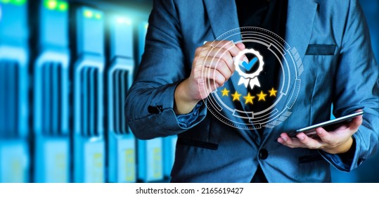 The Concept Of Providing A Five-star Premium Service. Businessman Showing Award High Standards Are Guaranteed, Service Quality, Business Success, Work Efficiency, Top Quality Assurance 5 Stars.