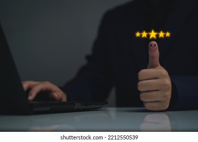 The Concept Of Providing A Five-star Premium Service. Businessman Showing Award High Standards Are Guaranteed, Service Quality, Business Success, Work Efficiency, Top Quality Assurance 5 Stars.