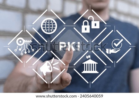 Concept of Public Key Infrastructure ( PKI ) in business network encryption technology. Comprehensive system of technologies, policies, and standards for secure UIUX.