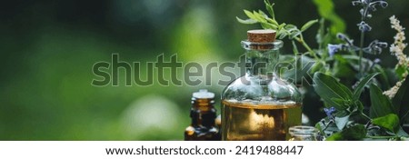 Concept of pure organic essential oil in glass bottles in cosmetology. Moisturising skin care, aromatherapy. Gentle body treatment. Atmosphere of harmony. Wooden background, natural ingredients banner