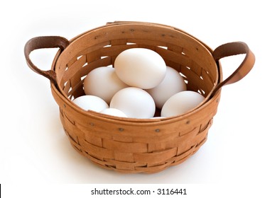 Concept - put all eggs in one basket.  Isolated on white