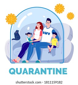 The concept of quarantine self-isolation. The family is sitting on the couch under a glass cap and watching TV. Virus protection. Vector. Flat cartoon style - Shutterstock ID 1811159182