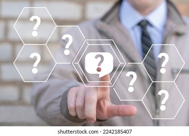 Concept of questions and FAQ information. Problem solution. Quiz, test, survey, interrogation, support, knowledge, decision.