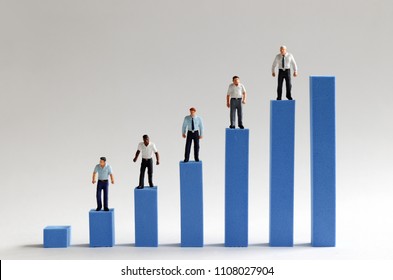 The Concept Of Racial Income Gap. Miniature People Standing On A Bar Graph Bar.
