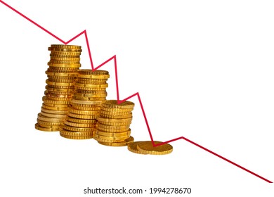 The concept of a rapidly falling market, a sharp decline in stock prices, declining yields and falling prices. Gold coins and declining graphics on an abstract background.
