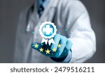 Concept of rating of medical services on the Internet concept.Button healthcare key rating on virtual panel.Customer experience medicine service. Patient and satisfaction. Healthcare review.
