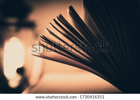 concept of reading before bedtime. open book in the evening light. 