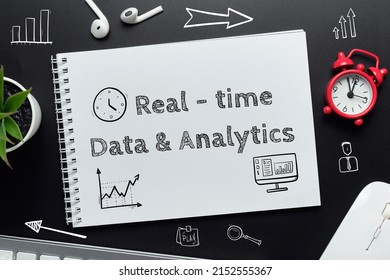 Concept Real time Data Analytics. Text in notepad with icons around