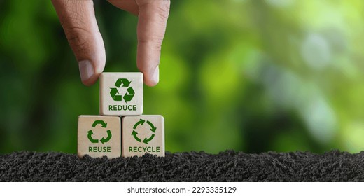 concept, reduce, reuse, recycle, recycle symbol Hand placed wooden block with green recycle icon. Ecology. Ecological metaphor for ecological waste management reduce, reuse, recycle. - Shutterstock ID 2293335129