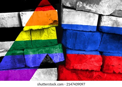 Concept Of The Relationship Between Straight Ally And Russia With Two Painted Flags On A Damaged Brick Wall