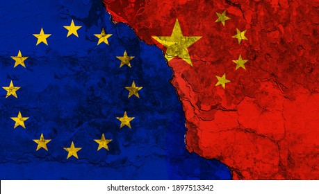 Concept Of The Relationship With Flags Of The Peoples Republic Of China And The European Union On A Wall