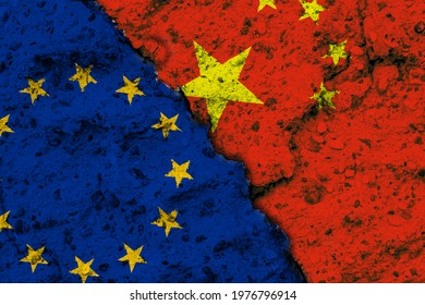 Concept Of The Relationship With Flags Of The Peoples Republic Of China And The European Union On A Wall