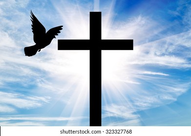 Concept of religion. Silhouette of a cross and dove in the rays of light on the background of the beautiful sky