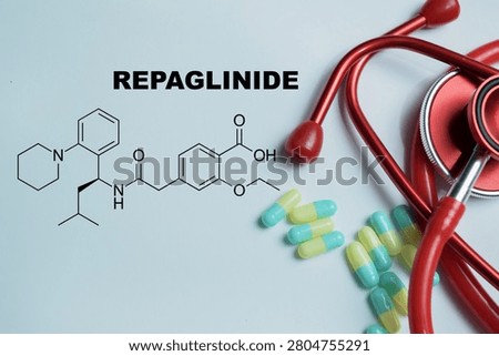 Concept of repaglinide antidiabetic write on book isolated on Wooden Table. For type 2 diabetes management and pharmacological treatment endocrinology care