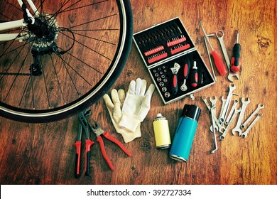 Concept Of Repairing Or Maintenance Bike With Tools And Bottles