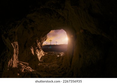 The concept of resurrection - lit the empty graveyard with the crucifixion at sunrise. - Shutterstock ID 2267356935