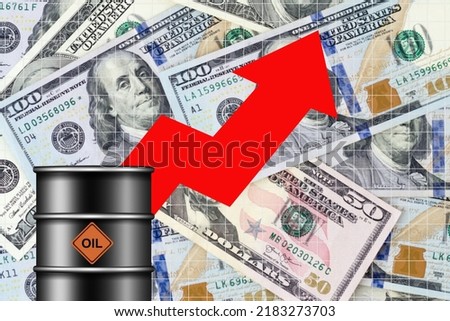Concept of rising oil prices. Barrel of oil and a graph with an arrow up, on a gray background. 3D illustration. World crisis. Business. Background.