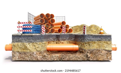 Concept of road works,  pipes that are passing through the slice of ground with digged pit, mound of sand, stack of new pvc pipes, road fences, cones and other equipment, isolated on white background, - Shutterstock ID 2194485617