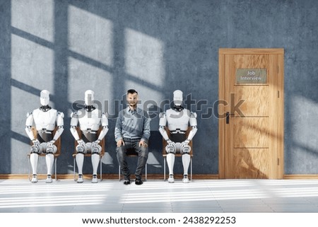 Concept Robots and artificial intelligence are taking away jobs. Robots and humans are sitting waiting for a job interview. Technology, competition, automation. mixed media, copy space.