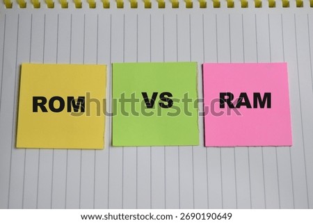 Concept of ROM vs RAM write on sticky notes isolated on Wooden Table.
