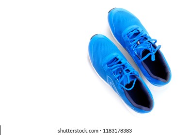 Concept Run. Concept Love Run. Blue Running Shoes For Men On A White Background. Top View