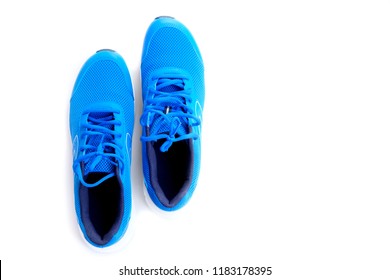 Concept Run. Concept Love Run. Blue Running Shoes For Men On A White Background. Top View