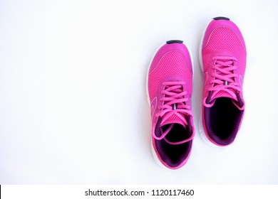 Concept Run. Pink Running Shoes For Women On A White Background. Top View