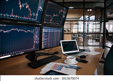 Concept of sale and buy bitcoin online. Empty office with modern computer monitor and cryptocurrency index data at diagram - Shutterstock ID 1813670074
