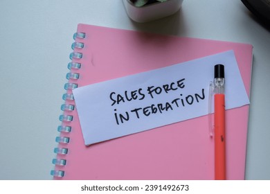 Concept of SalesForce Integration write on sticky notes isolated on Wooden Table.
