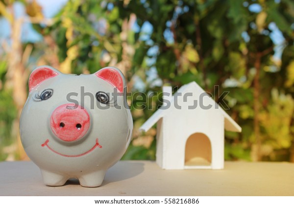 Concept of saving money for house and car, piggy\
bank.Business Finance and Money concept,Save money for prepare in\
the future.