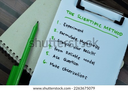 Concept of The Scientific Method write on paperwork isolated on Wooden Table.