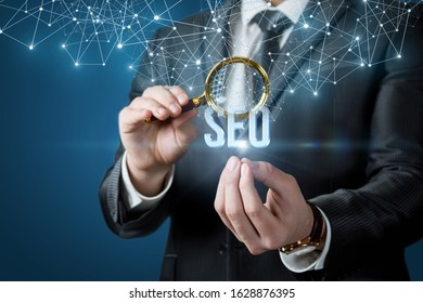 The Concept Of Search Engine Optimization. A businessman looks at emerging from the network of the SEO.