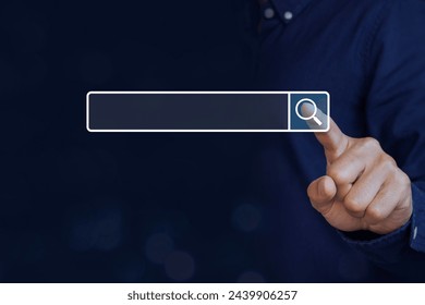 Concept of searching data,network web and technology. A man touching the magnifying glass icon for searching data information networking