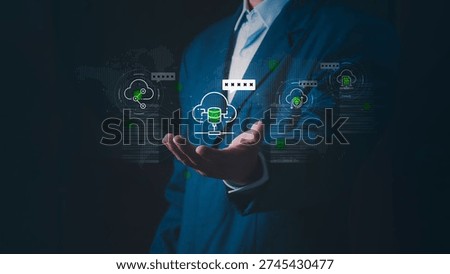 Concept of secure cloud computing, financial data privacy, cloud storage security, and digital wealth management, Business holding glowing cloud computing with password and Shield protection.
