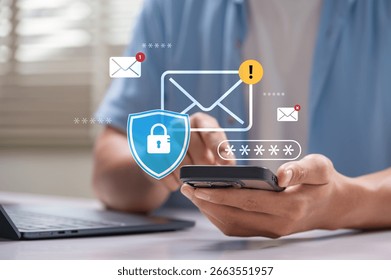 Concept of secure email login, data protection, cybersecurity, phishing alert, and online privacy safety. Person using smartphone with email icon, alert symbol, and password protection graphics.