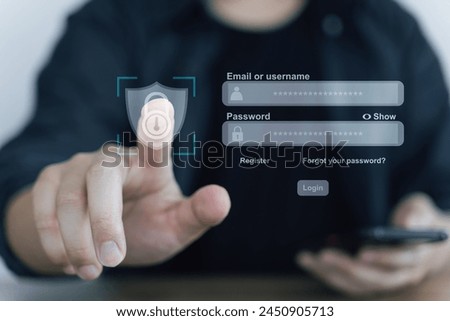 Concept of security data network, Prevent online identity theft, user and password login on visual screen.