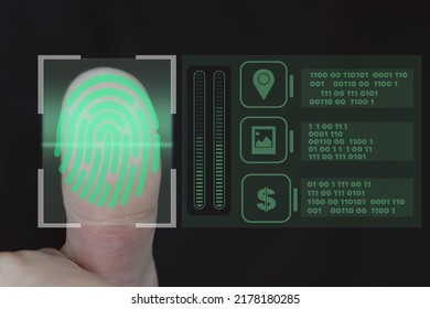 Concept of security of data and system, people finger scan into system, new technology for protect system from unauthorized person.