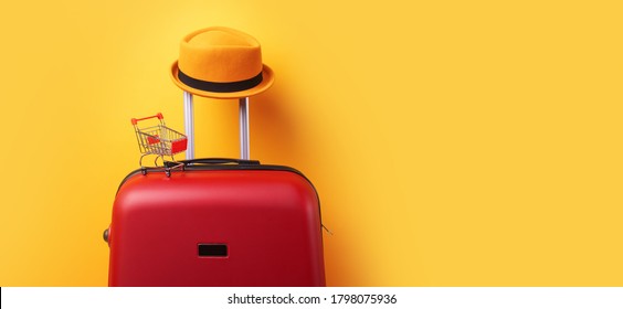 Concept Of Shopping Abroad, Hat At Suitcase With Shopping Cart Over Trend Yellow Background, Panoramic Mock Up Image
