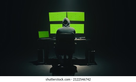 Concept shot of anonymous man in hoodie writing code to hack database while sitting at desk with computer monitors, with green screens chromakey in dim room of hacker base