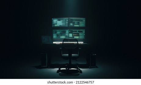 Concept shot of cyber criminal taking seat at table and starting to write malicious program on computer, in dark room for massive attack of corporate big data servers - Powered by Shutterstock