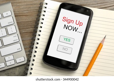 Concept Of Sign Up Now With Mobile Phone