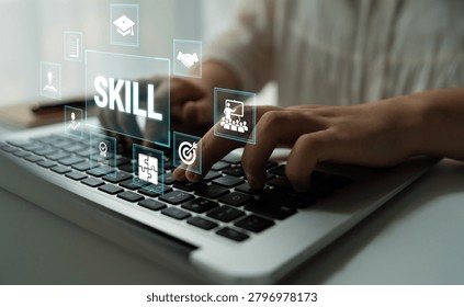 Concept of Skill Development with Laptop and Digital Icons Representing Education, Learning, Improvement, and Technology in Modern Workspace