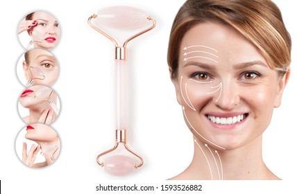 Concept of skin rejuvenation. Face lift anti-aging treatment with jade roller. Woman with massage lines showing her face after jade roller massage.