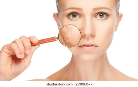 concept skincare. Skin of beauty young woman with magnifier before and after the procedure on a white background