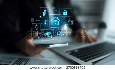 Concept of a smart home and the Internet of Things (IoT). A central system controls home automation features like security, lighting, and climate for modern, convenient living. Parse