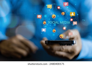 Concept of social media communication and digital online, people use smartphone playing with icon online social media, online marketing, technology, chat, post, like, follow at phone screen	